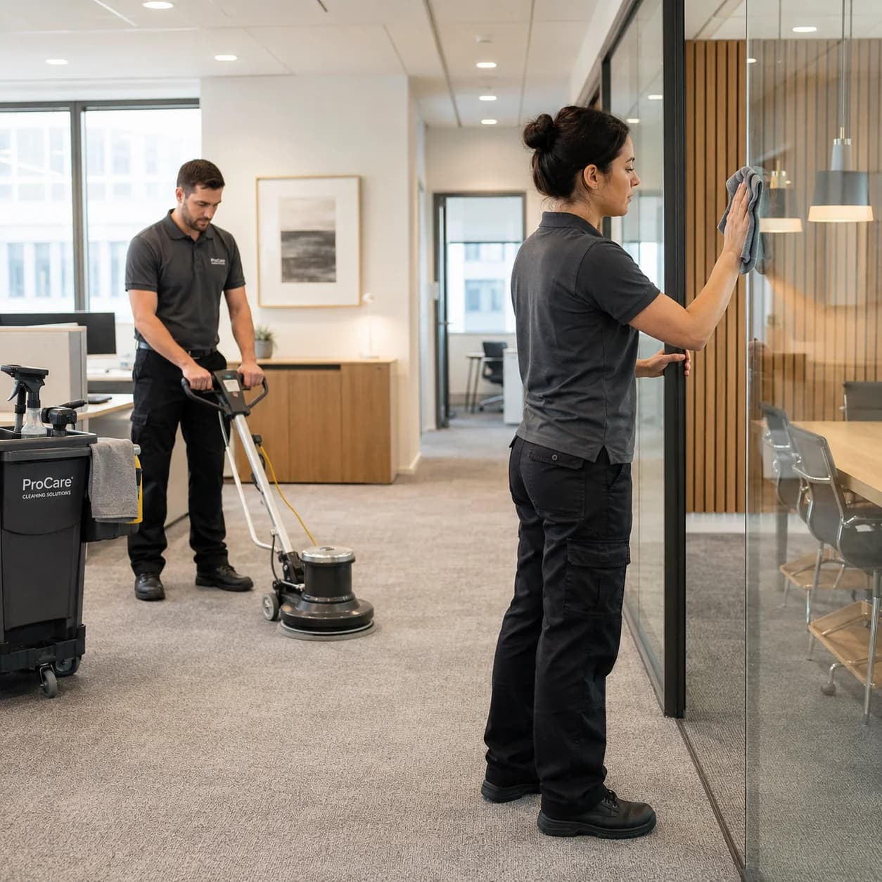 Professional cleaners with modern equipment